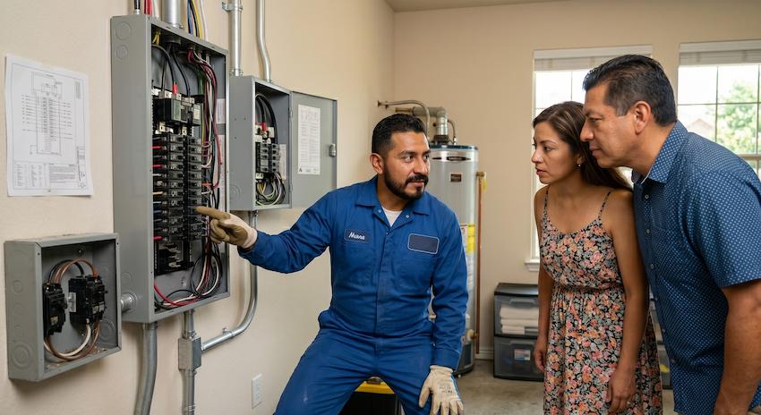 Técnico eléctrico latino trabajando en un panel en Texas
