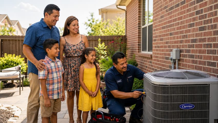 Técnico latino de HVAC atendiendo a una familia hispana en Texas