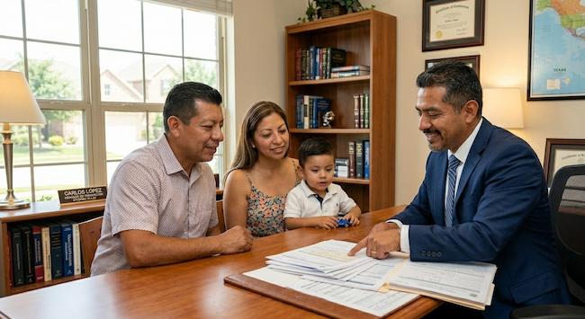 Familia latina en una consulta legal de confianza