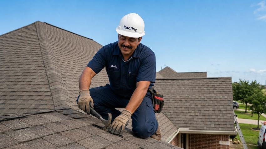 Equipo latino de techado trabajando en una casa de Texas